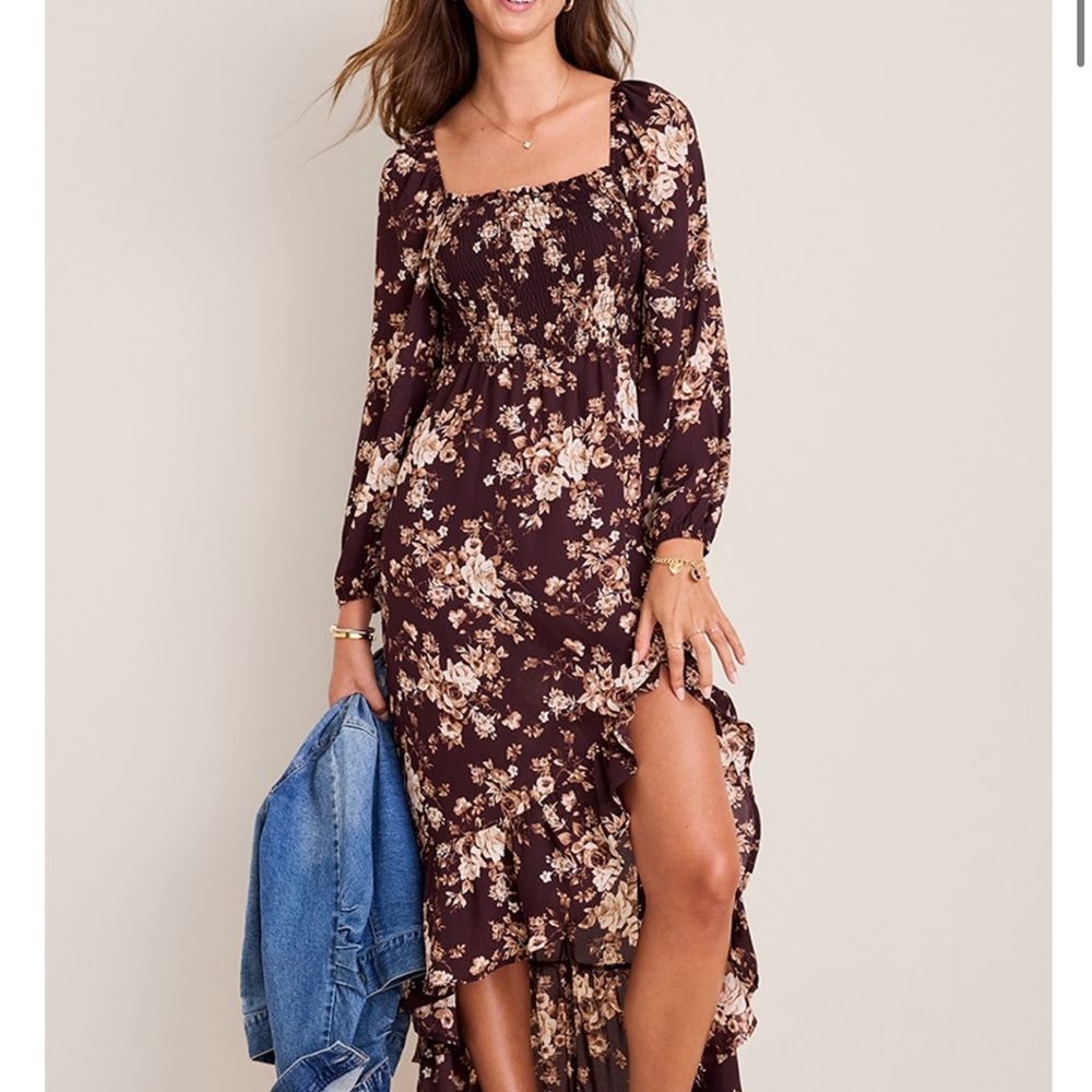Francesca's Collections Brown and Cream Floral High Low Dress